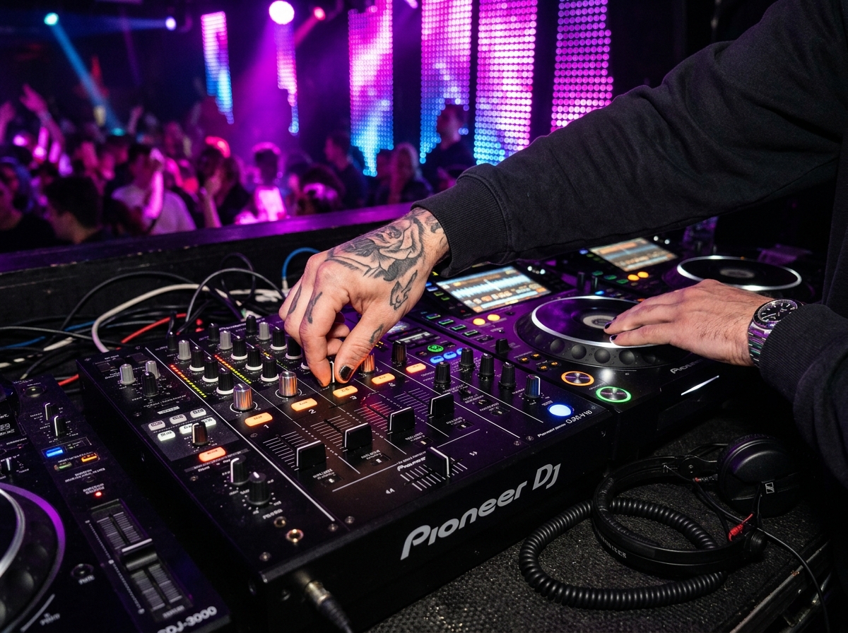 DJ Smalls mezclando música en su equipo profesional con luces púrpura
