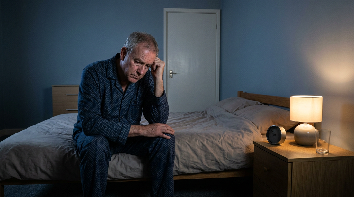 Older white male veteran sitting on the edge of his bed at night, depicting nighttime urinary frequency