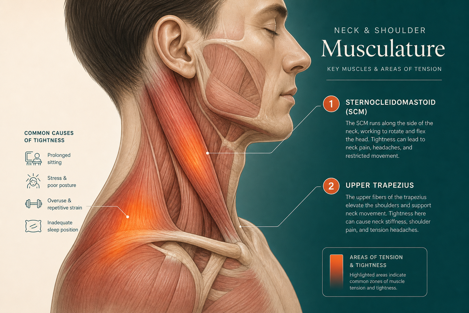Medical illustration of neck and shoulder muscles showing the sternocleidomastoid and upper trapezius, with tension zones highlighted