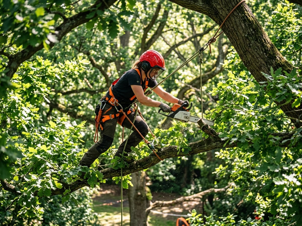 Professional arborist pruning tree