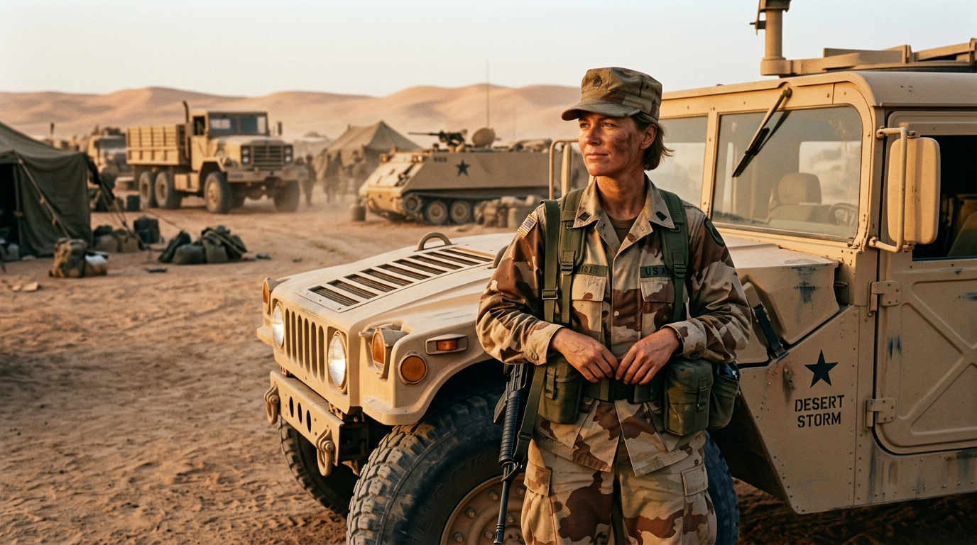A woman soldier in 1990s desert uniform beside military vehicles in a staging area
