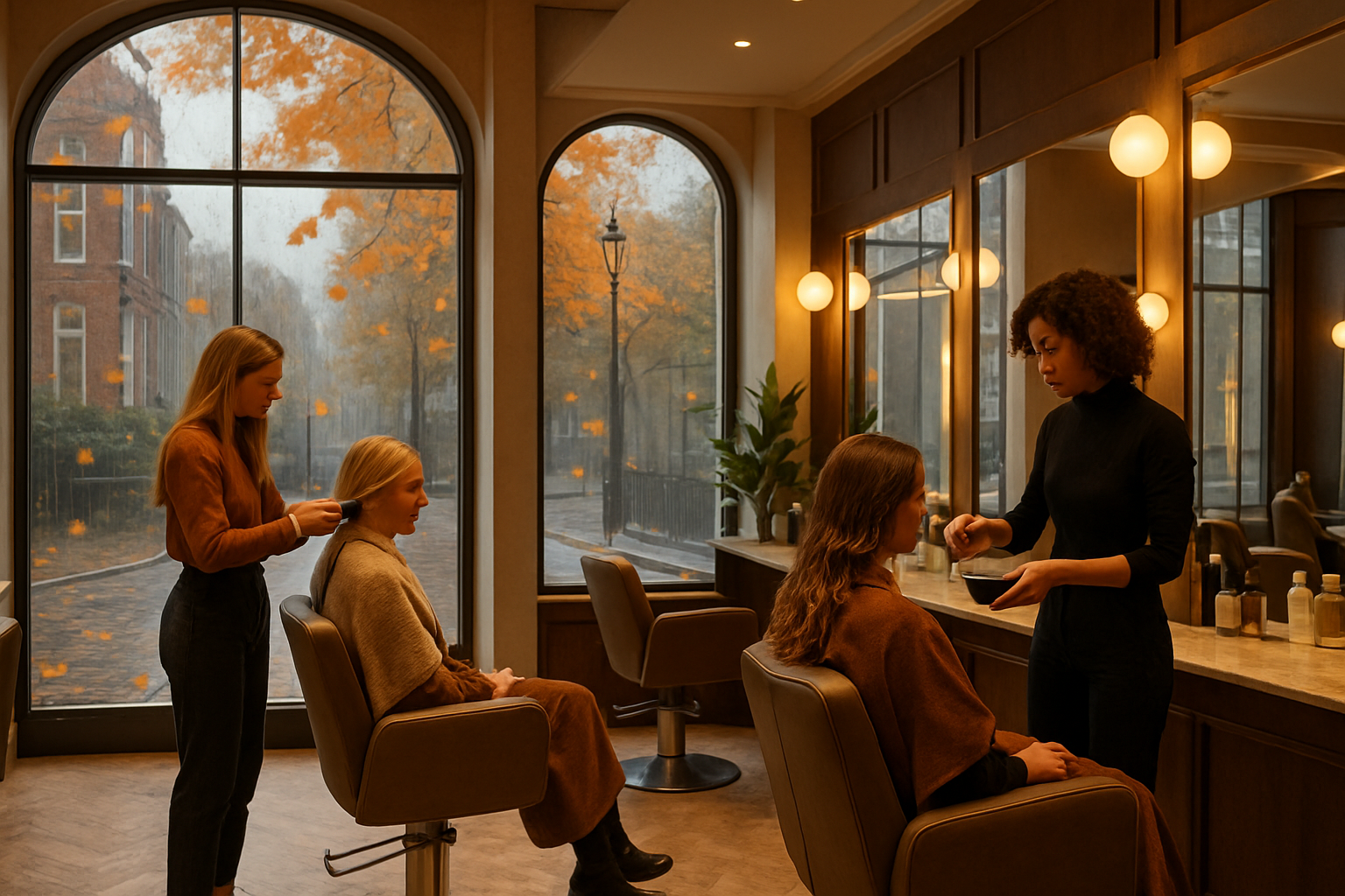 London salon interior with autumn cityscape
