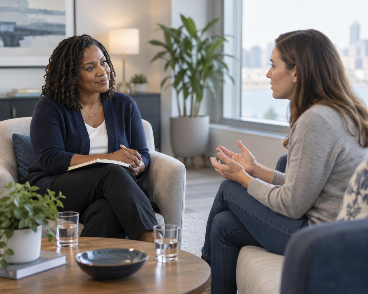 AI-generated illustration of an African American counselor listening to a white woman in a bright room; not actual Omni staff or patients