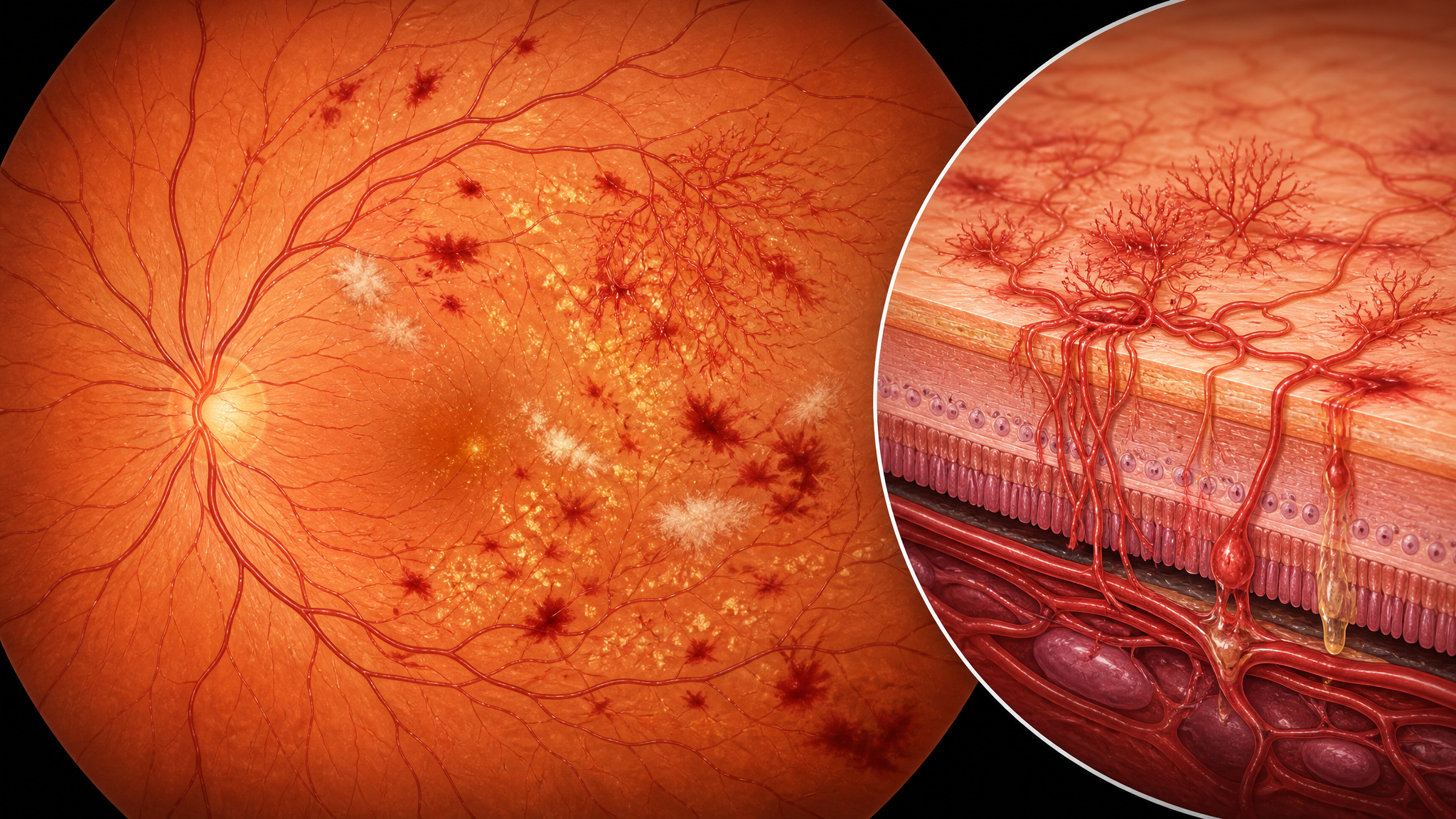 Medical illustration showing diabetic retinopathy with leaking blood vessels and abnormal vessel growth on the retinal surface