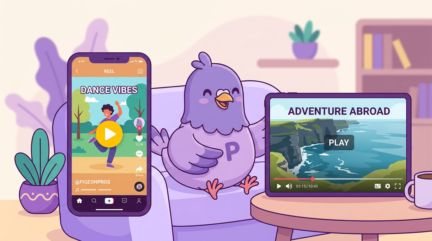 Pigeon mascot watching a vertical short video reel next to a widescreen video player