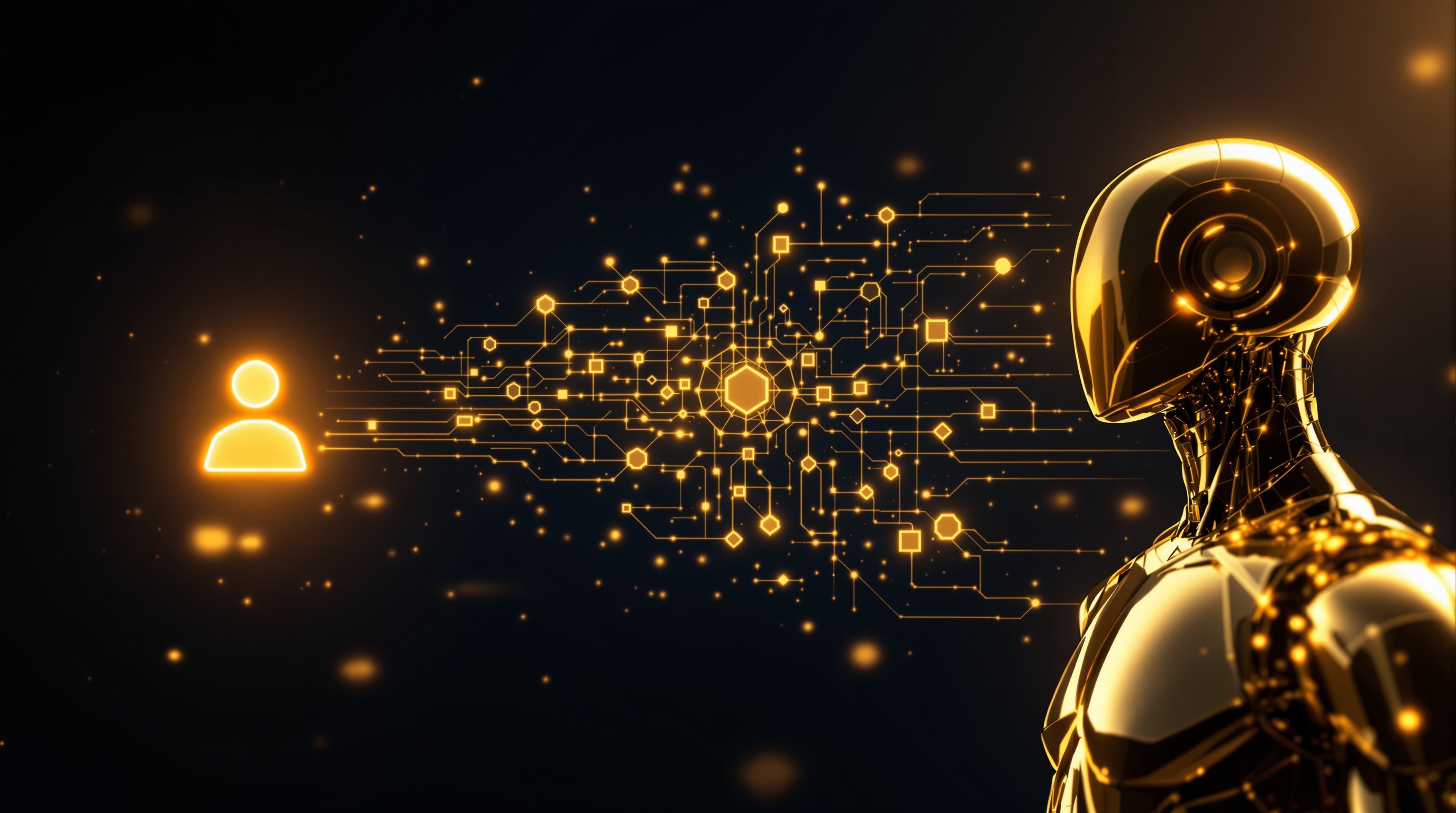 Dreistufige Evolution von KI-Systemen – vom goldenen Assistenz-Icon über ein vernetztes System bis zur autonomen Silhouette auf dunklem Navy-Hintergrund