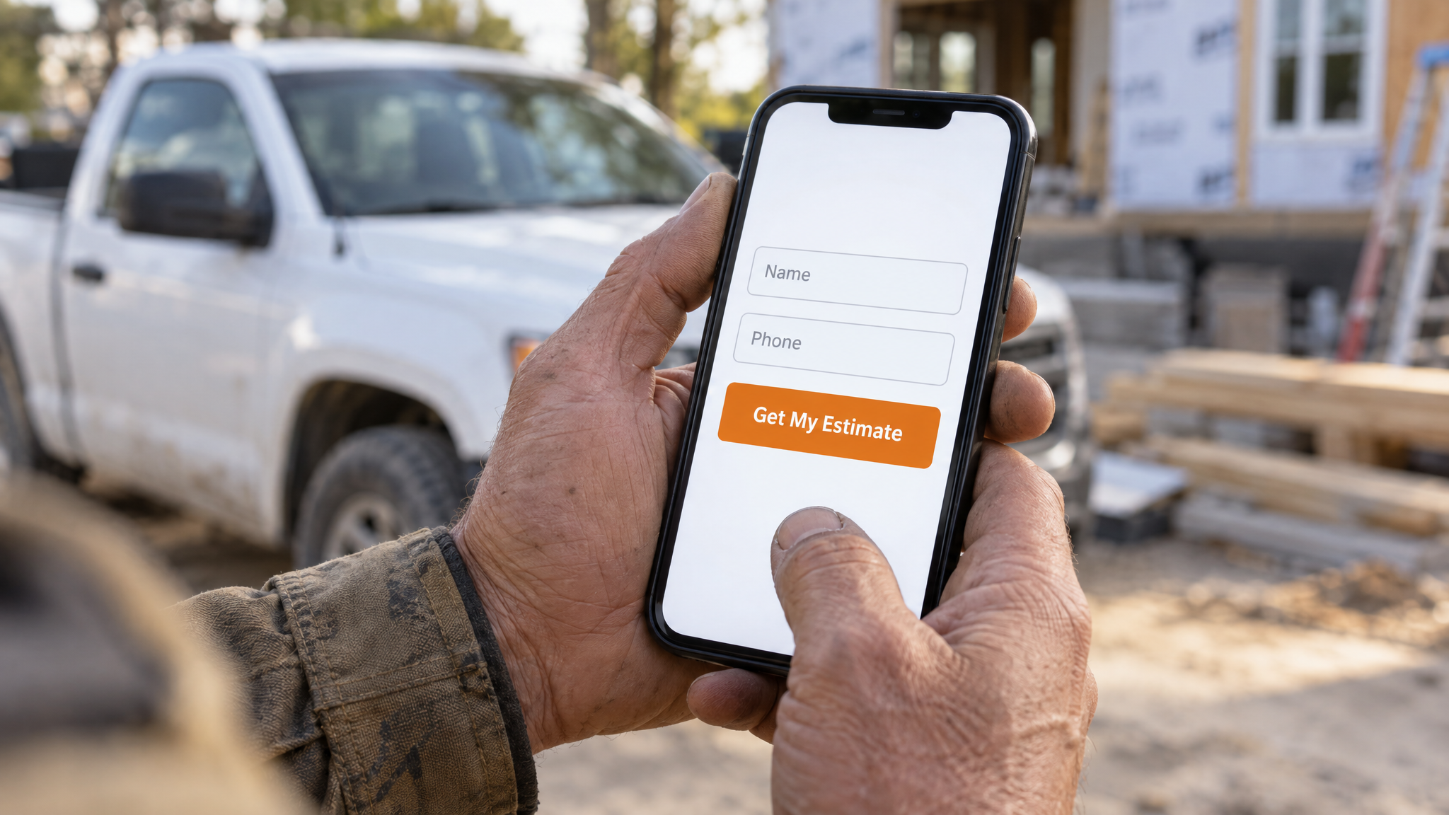 Contractor holding a phone showing a homeowner lead capture form with name, email, and phone fields
