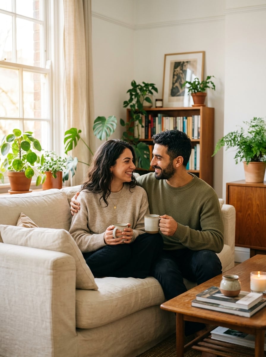 Pareja joven disfrutando de un café juntos por la mañana, relajados y conectados
