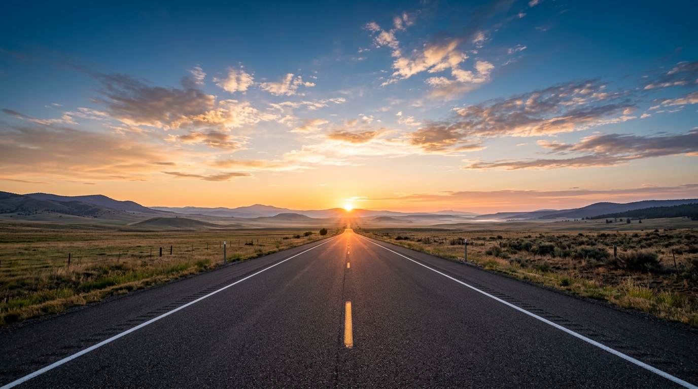 Amanecer sobre un camino abierto simbolizando un nuevo comienzo