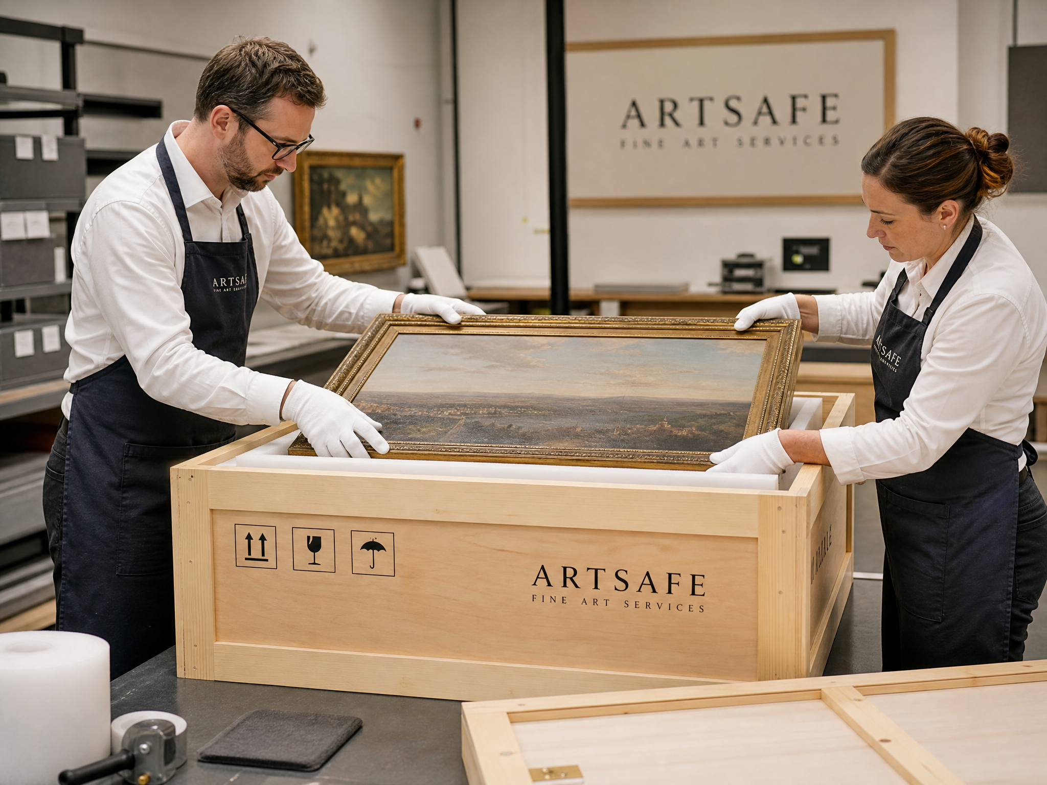 Manutentionnaires d'art gantés emballant une œuvre encadrée dans une caisse de transport muséale