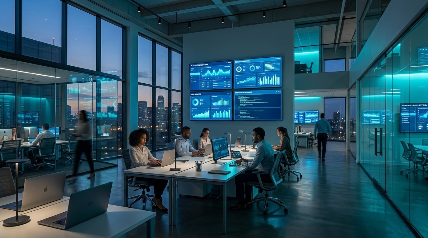 Modern tech office with AI dashboards