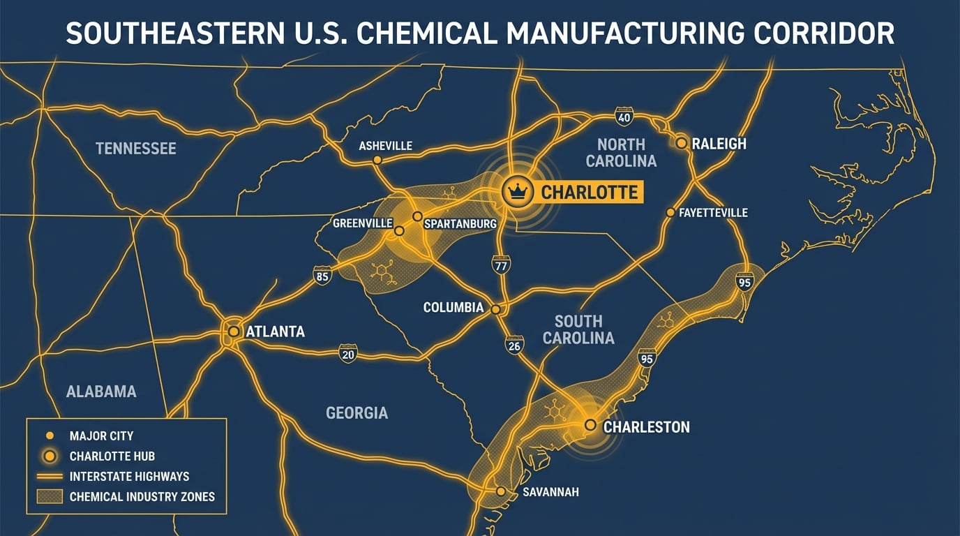 Service area map showing Charlotte NC and the Southeast chemical corridor