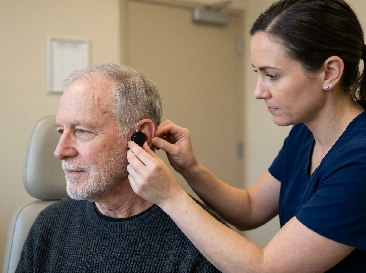 An audiologist placing a bone-conduction oscillator device behind a veteran's ear for testing