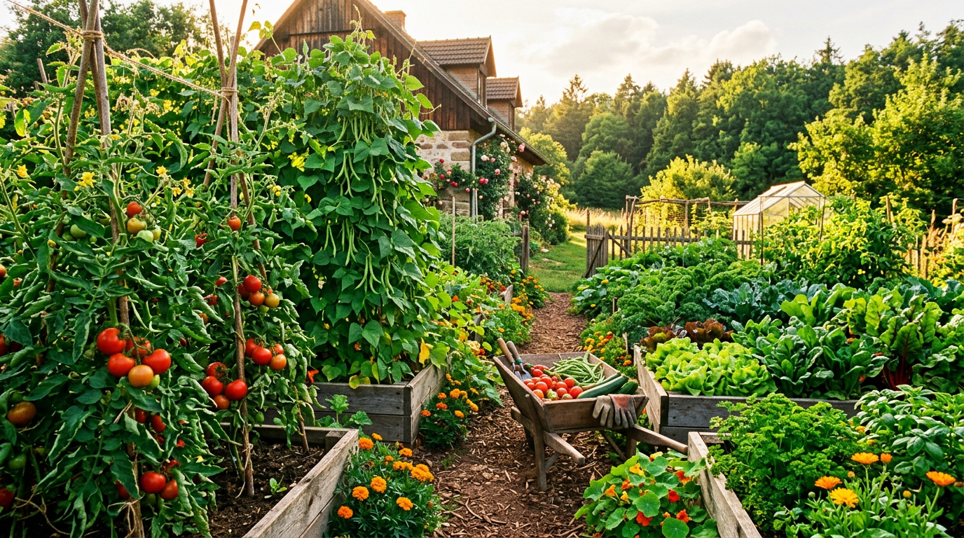 July garden — a summer scene in a temperate Central European vegetable garden