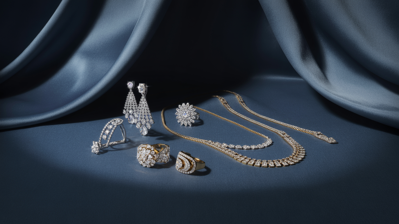 Elegant crystal jewelry collection displayed on dark velvet