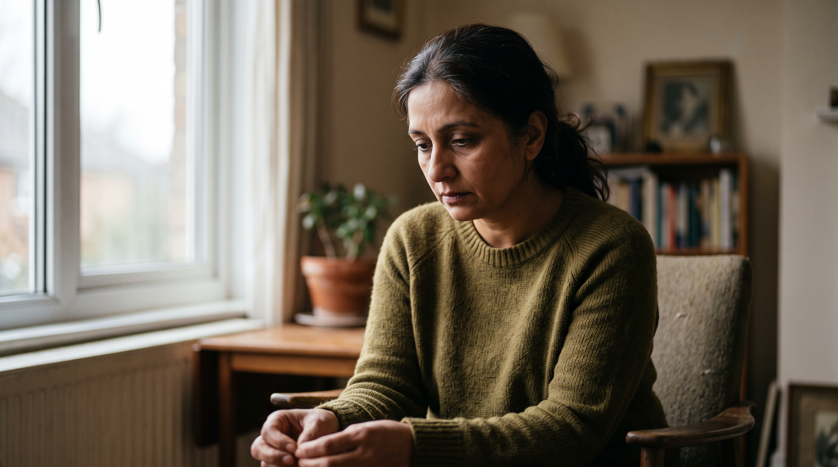 South Asian female veteran sitting by a window looking withdrawn and depressed from progressive vision loss