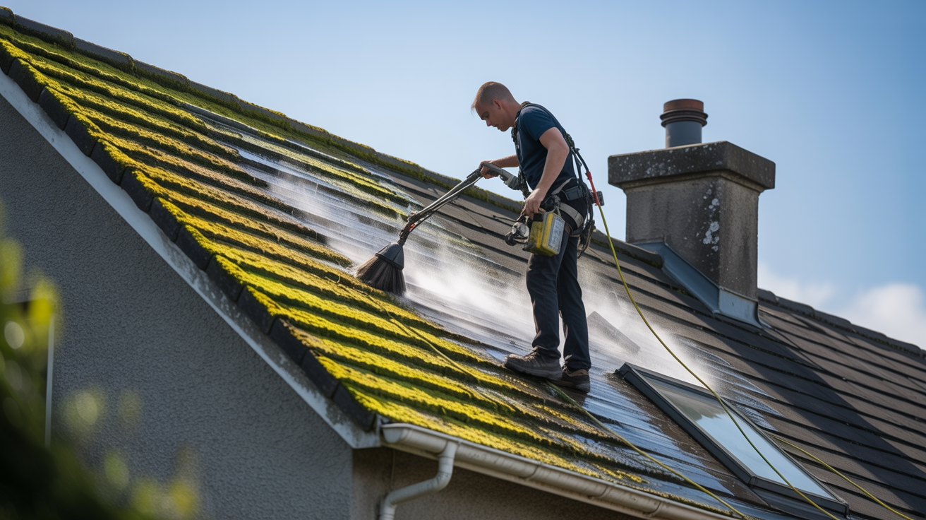 Professional roof cleaning removing moss from roof tiles on Irish house in Dublin