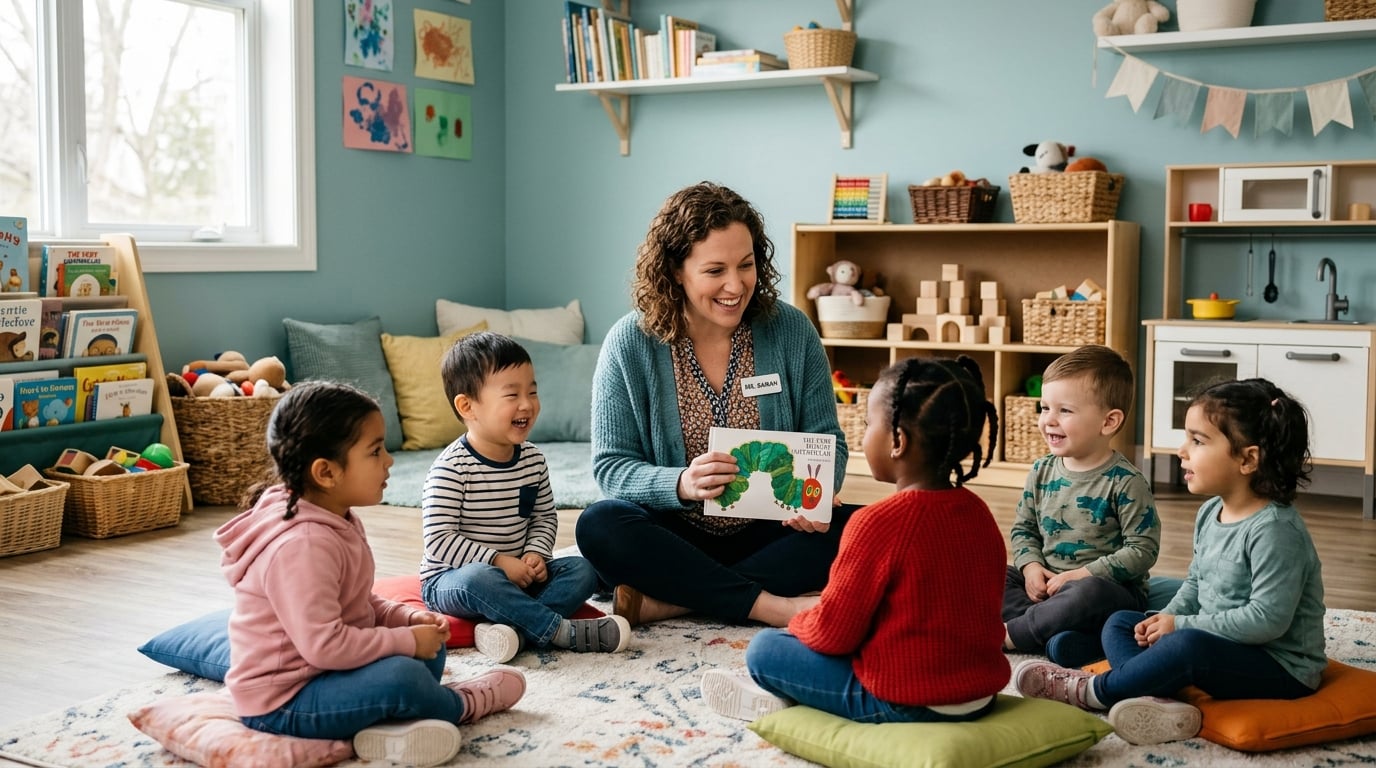 Teacher engaging with children