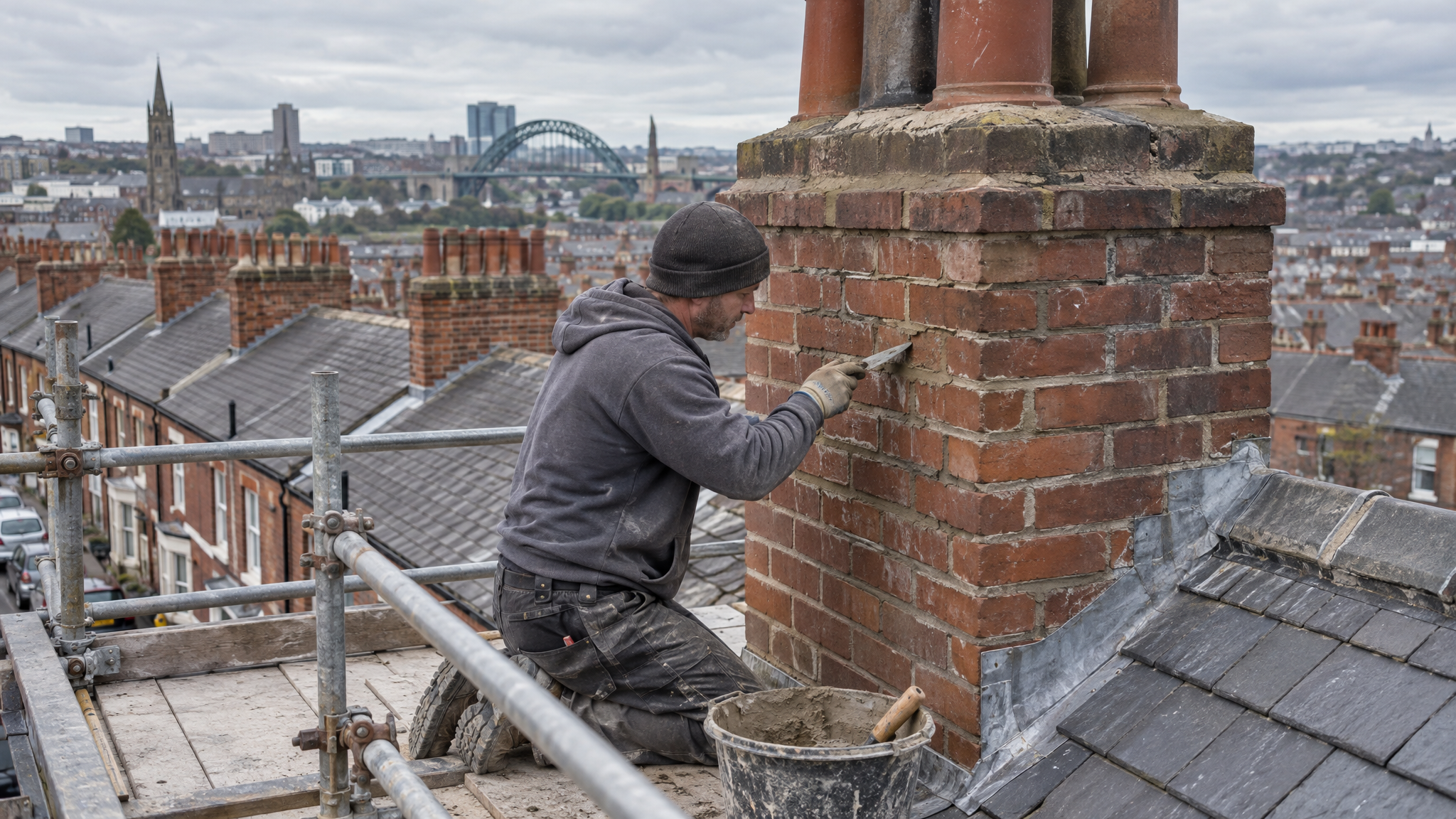 Chimney being repointed on UK terraced house