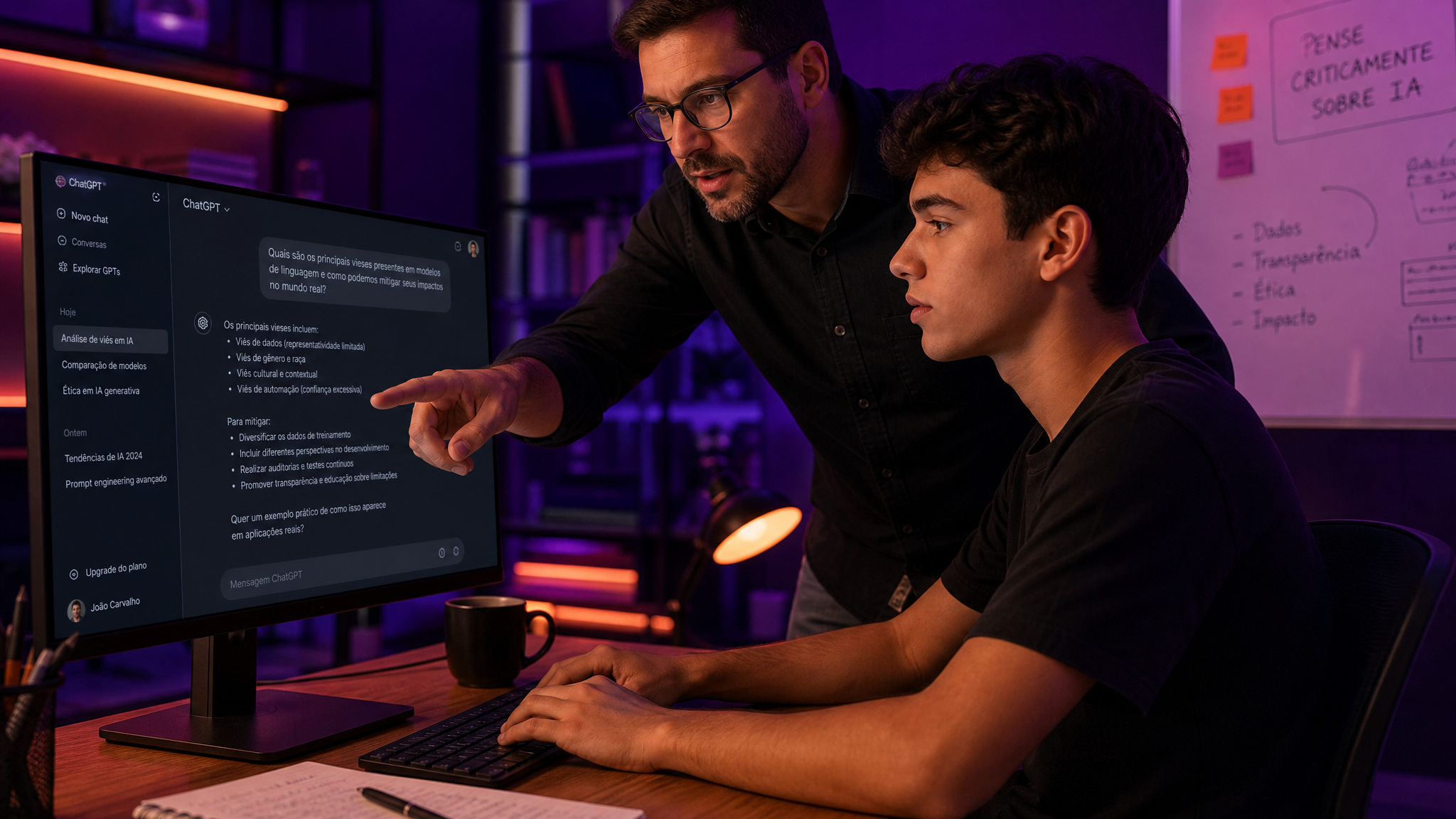 Jovem usando IA com orientação de professor