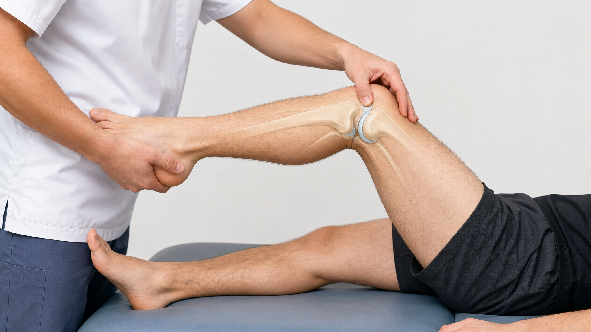 Clinical illustration of the McMurray test with the examiner rotating and extending a patient's flexed knee while palpating the joint line