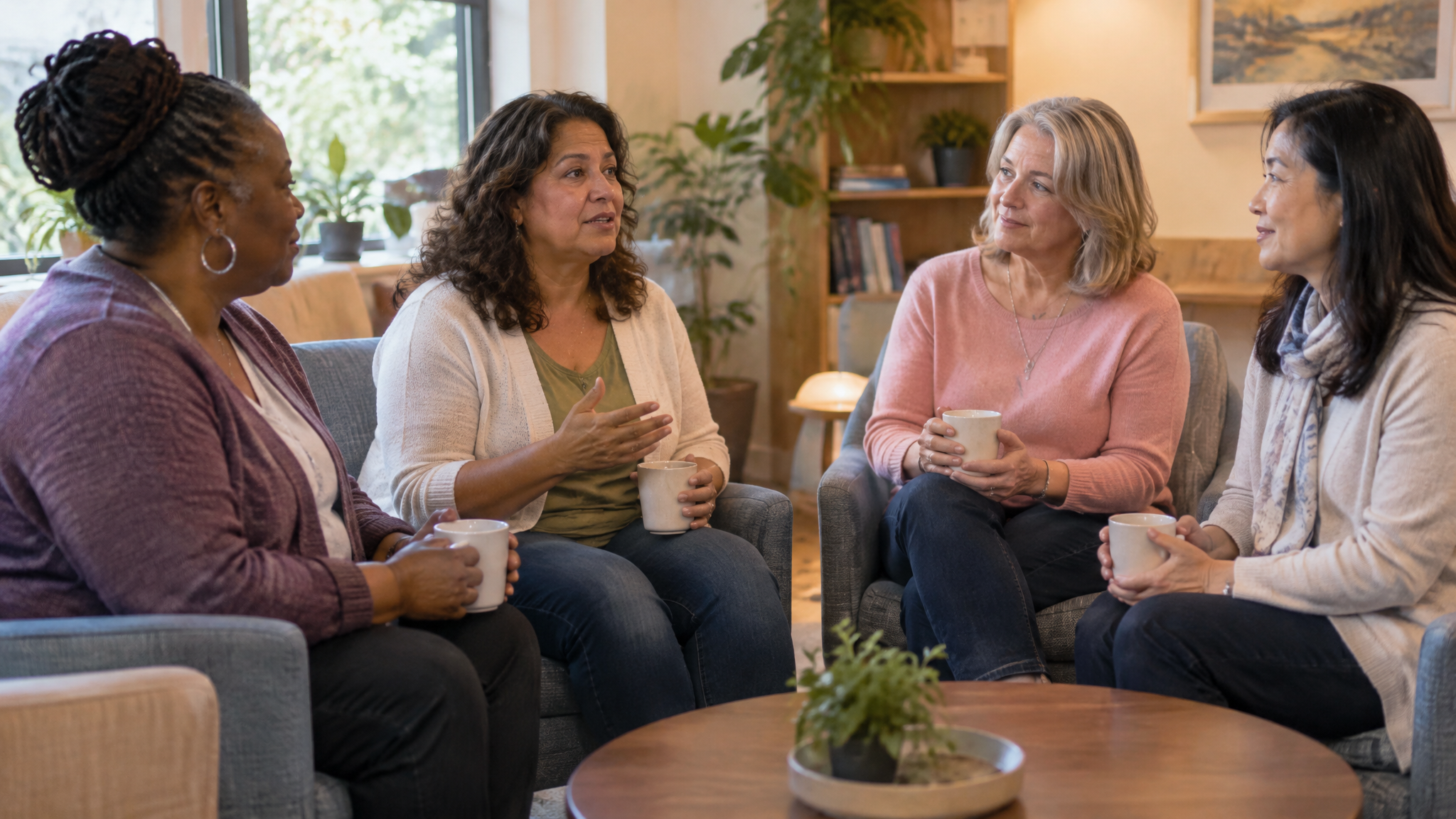 Four women veterans sitting together in a warm community room, one speaking while the others listen with coffee mugs in hand