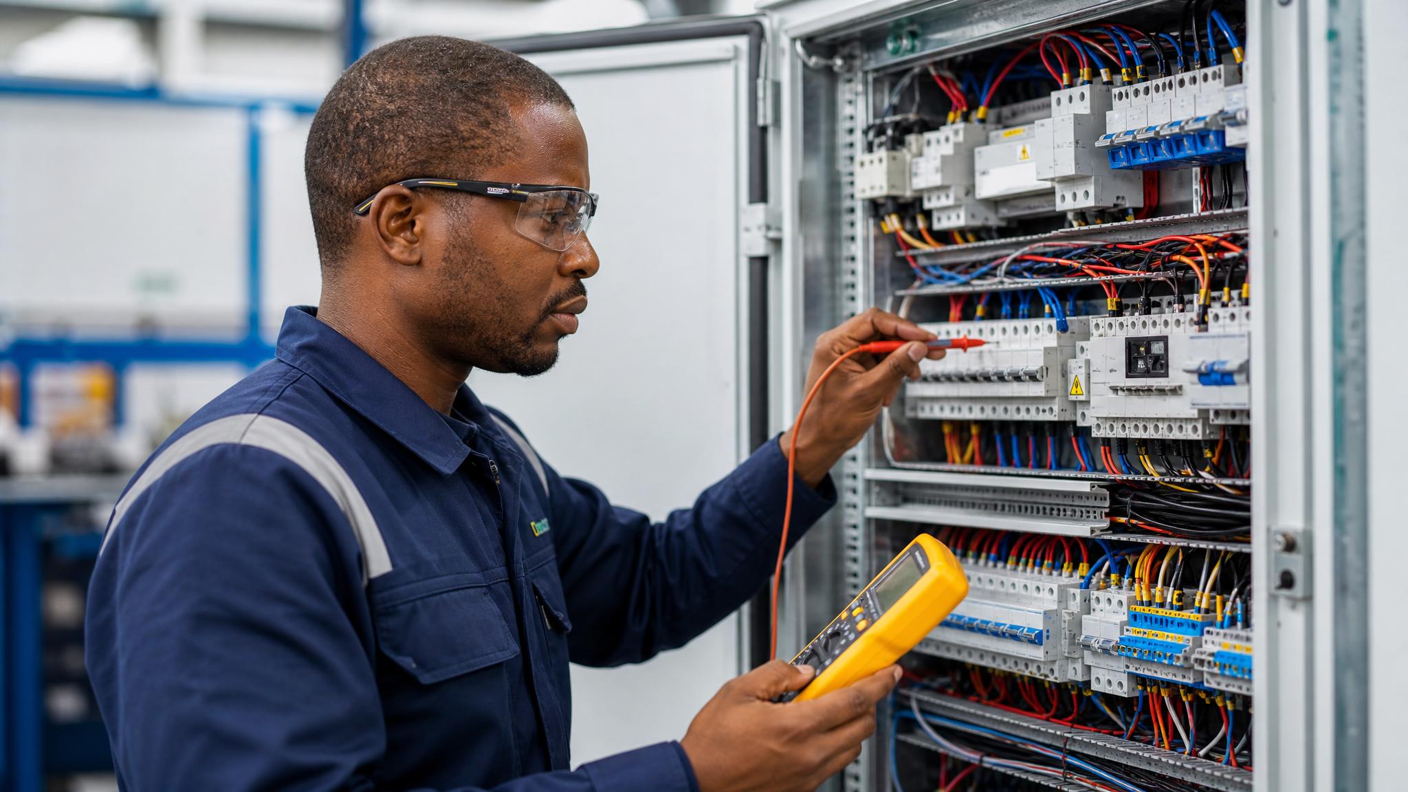 Professional electrical engineer working on industrial panel