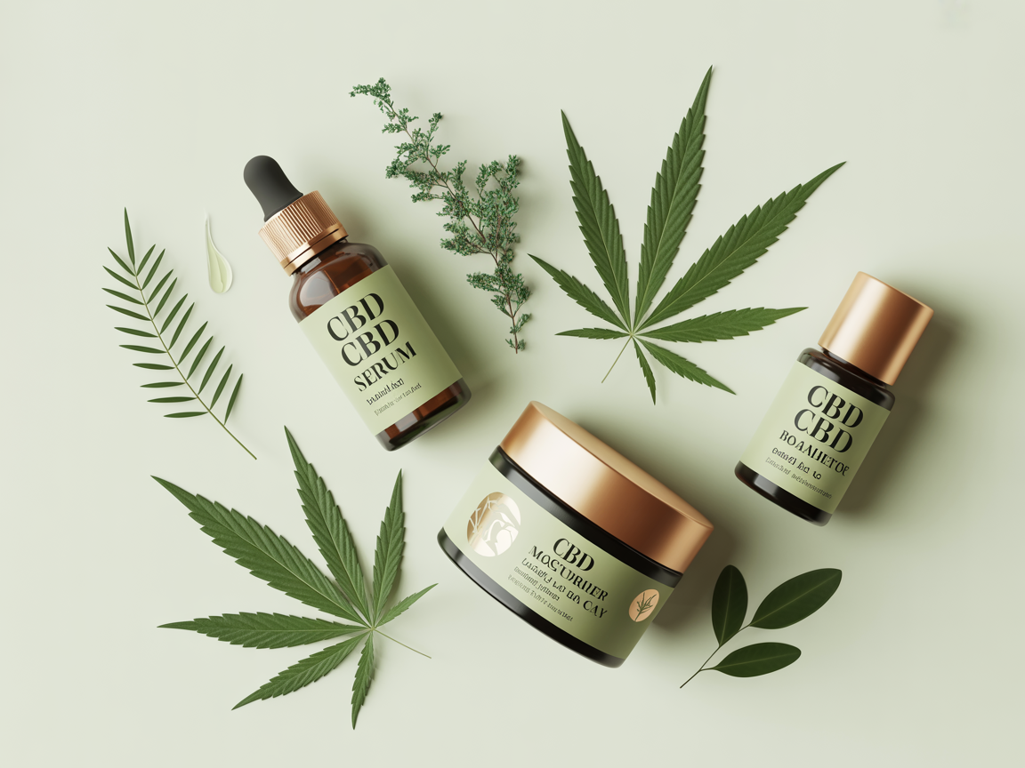 CBD skincare product collection with hemp botanicals for oily skin routine