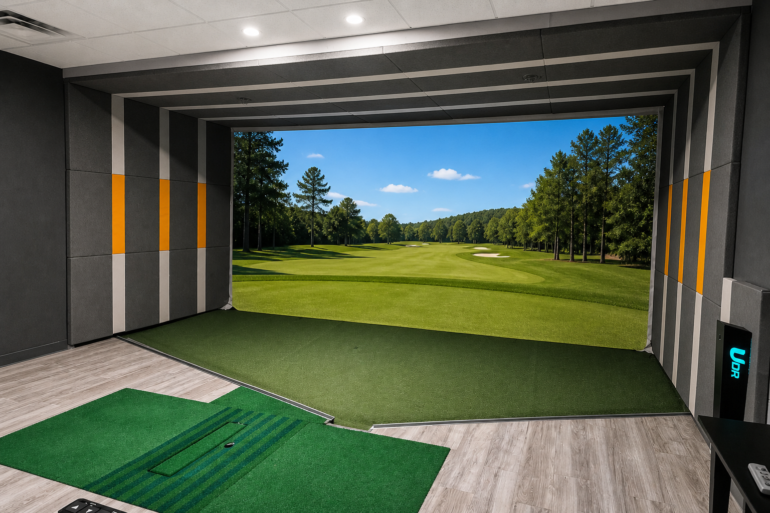 Indoor golf simulator bay with green hitting mats and a projected fairway on a large screen