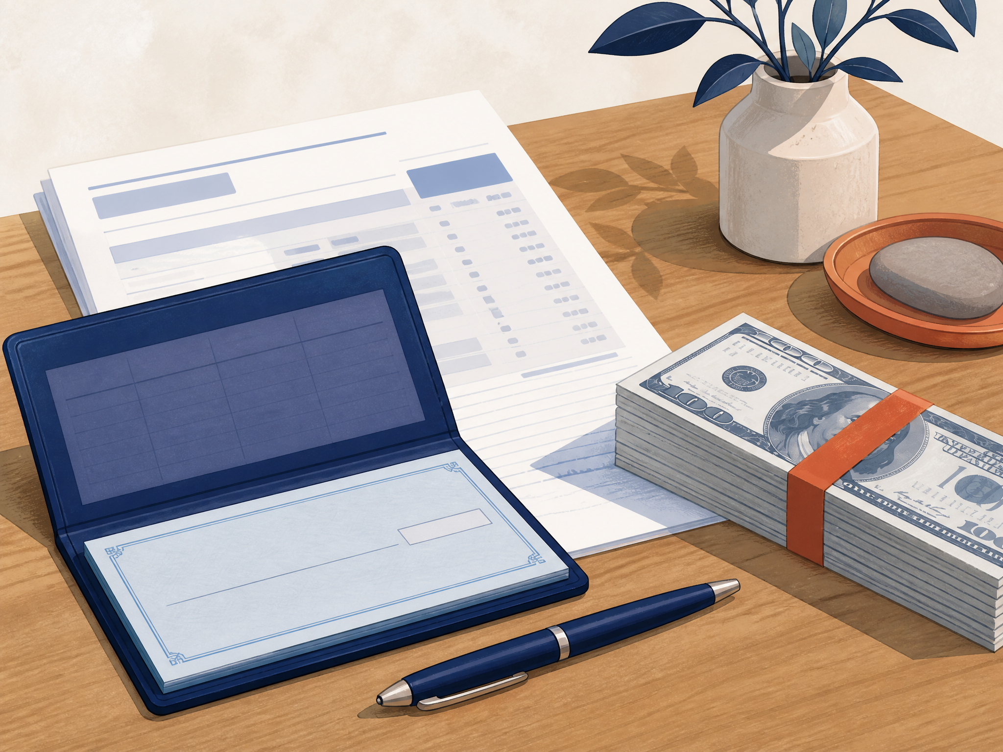 Editorial illustration of a bank statement and final VA payment being set aside and preserved on a table