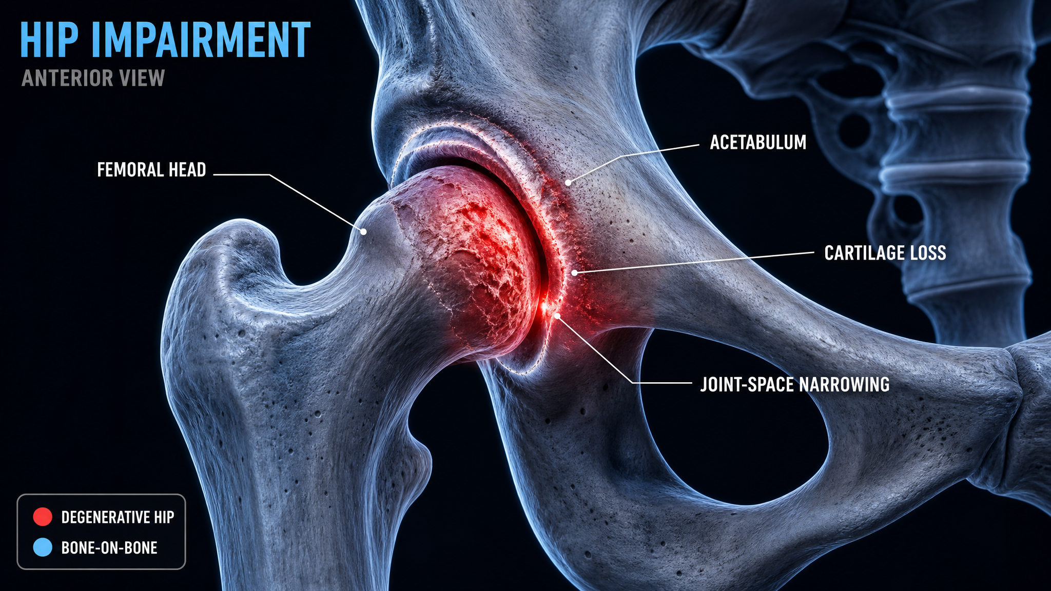 Hip impairment diagram, cartilage loss and joint-space narrowing