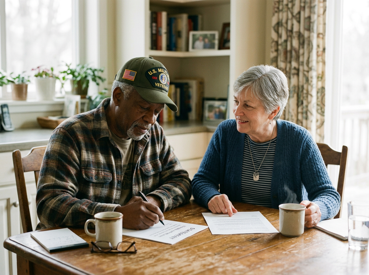 Two veterans reviewing and signing a buddy statement supporting a toxic exposure claim