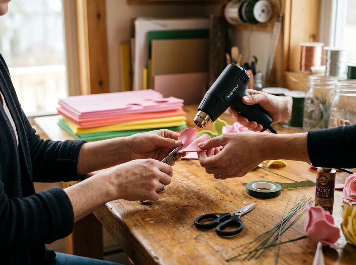 Crafter heat-shaping EVA foam petals with a heat gun on a wooden workbench