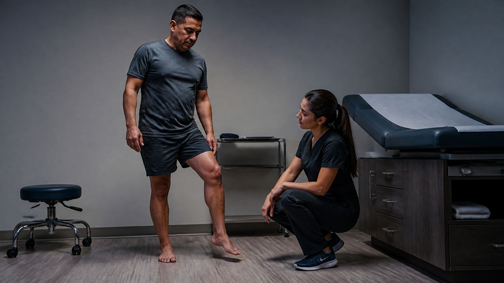 Photograph of a patient standing and bearing weight on one leg while a clinician crouches to observe the knee held slightly bent and unable to lock straight