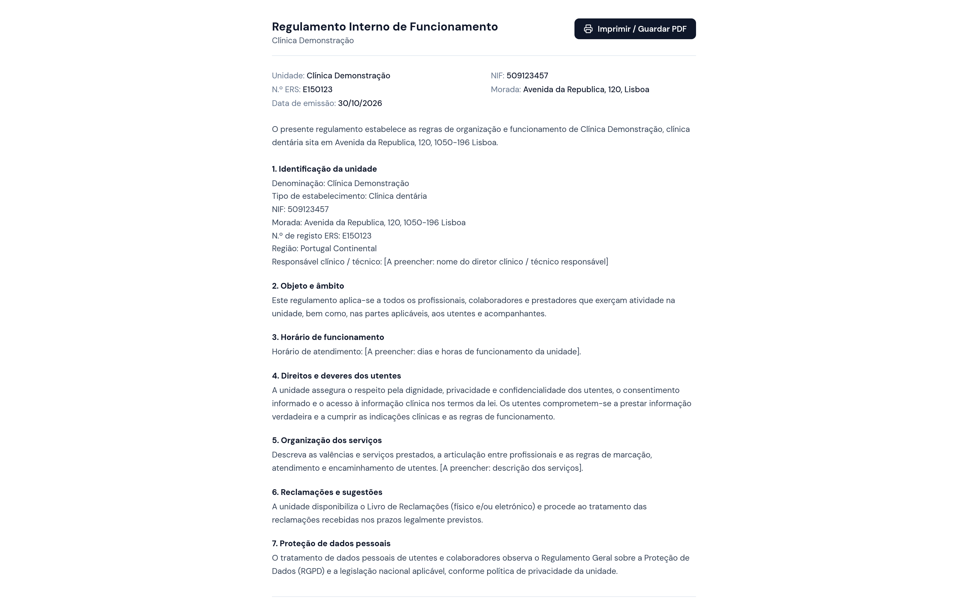 Exemplo de documento gerado, pré-preenchido com os dados da unidade