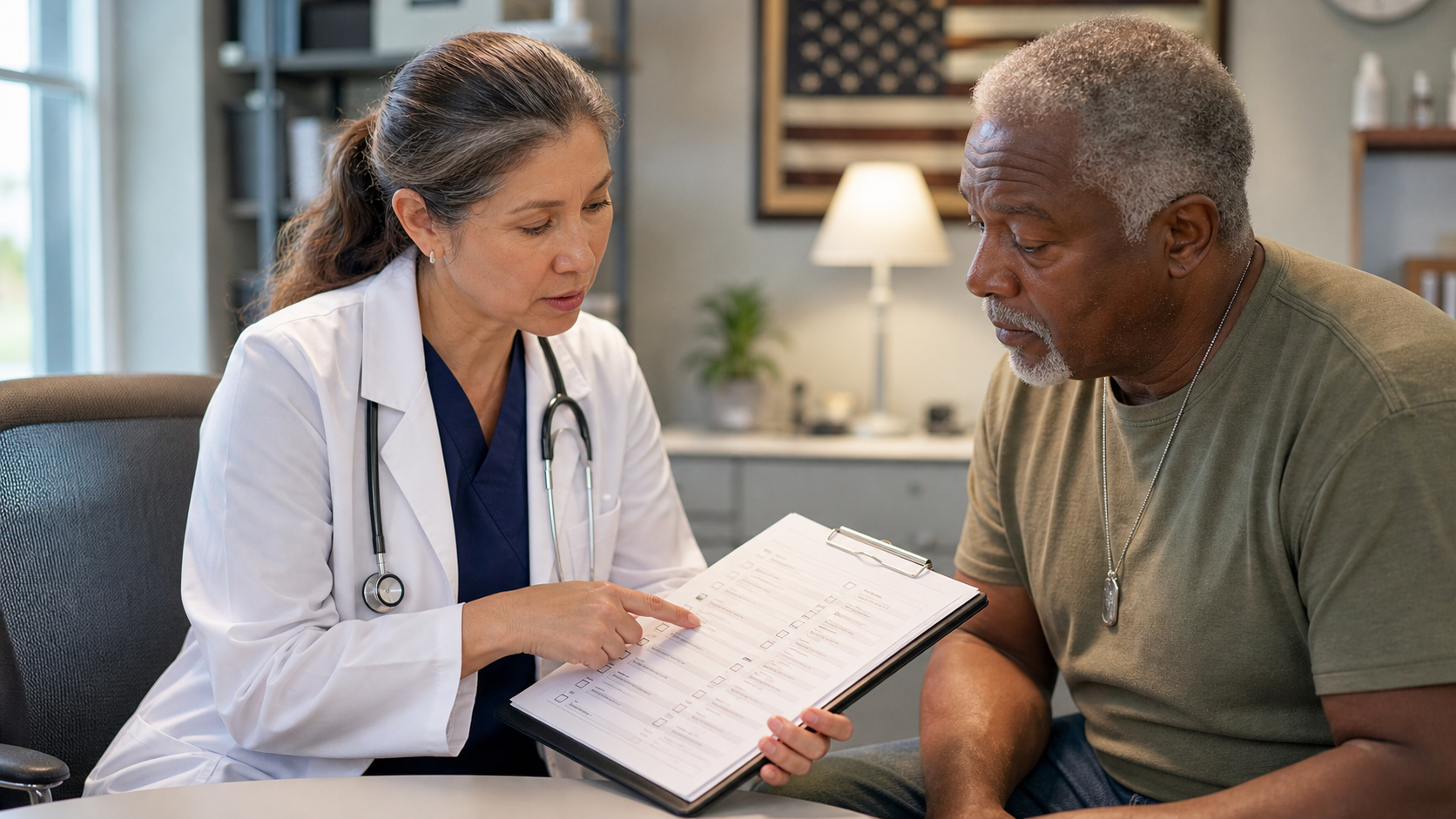 A VA clinician sitting with an older veteran, going over a checklist of covered health conditions together
