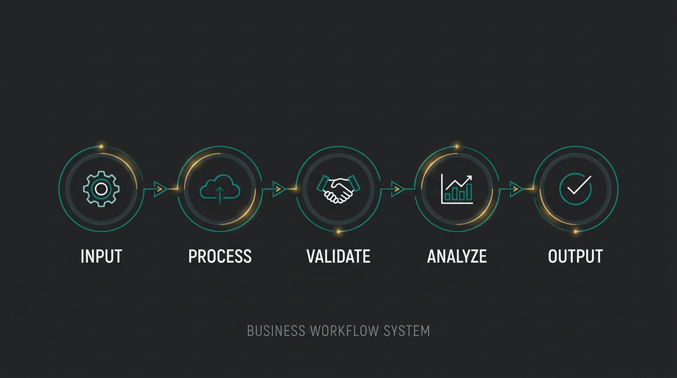 Business workflow system showing connected nodes representing offer, page, CRM, follow-up, and content plan