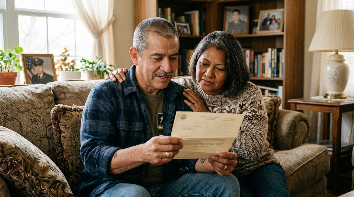 A veteran and his wife reading a benefits letter together on their living room couch