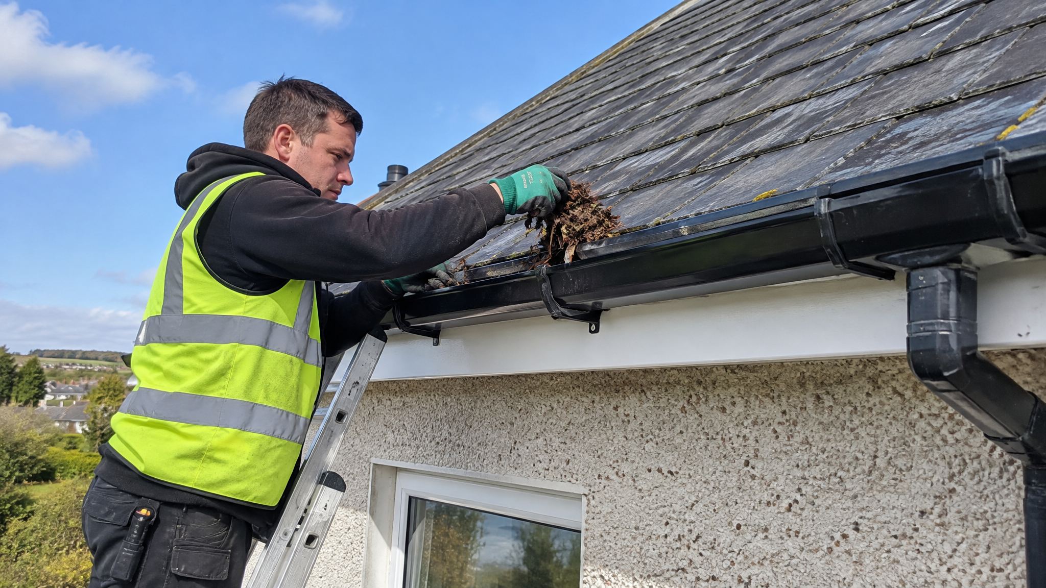 Professional gutter cleaning on an Irish house