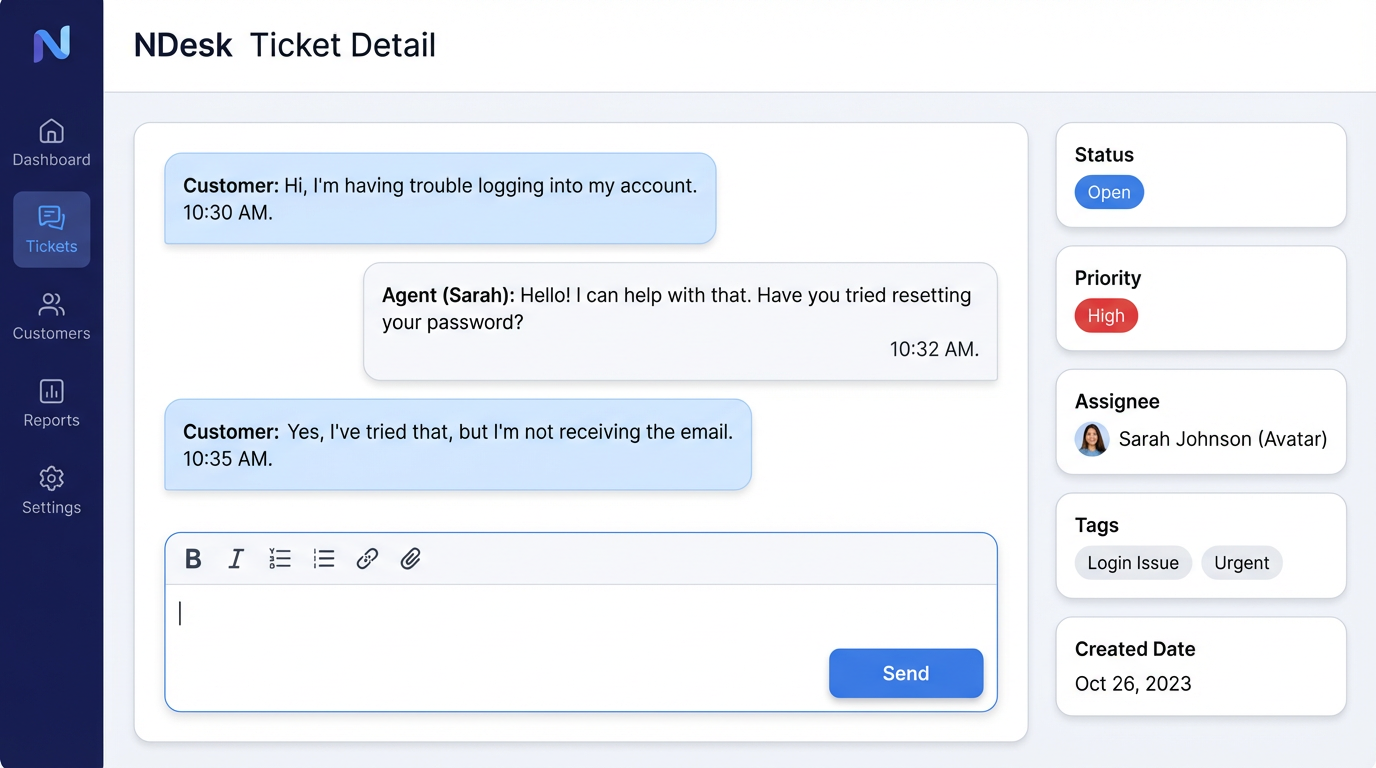 NDesk Ticket Detail — conversation thread with reply editor and ticket properties