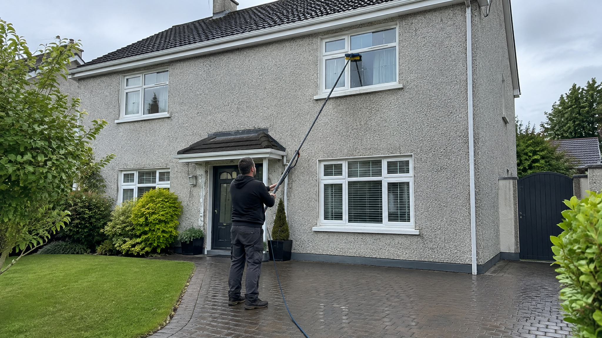 Window cleaning with a water-fed pole on an Irish pebble-dash house