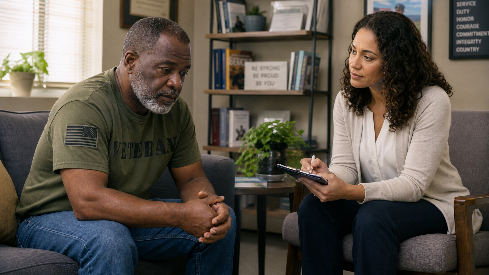 A Black male veteran in a calm therapy session with a compassionate counselor