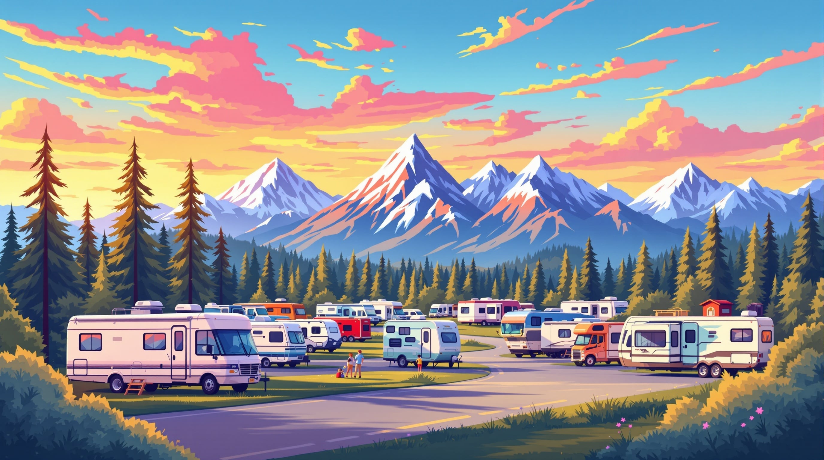 Scenic RV campground with mountains and sunset