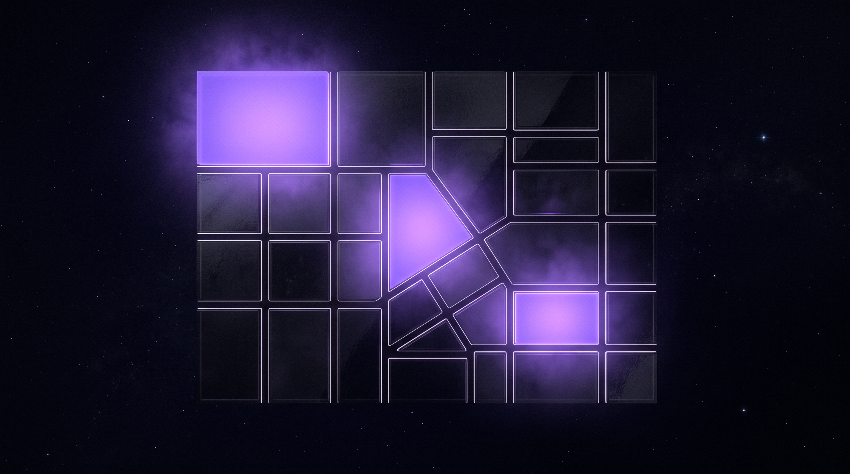 An overhead view of dark glass city blocks arranged in a grid, with three or four blocks glowing violet to show a small number of prioritised suburbs among many