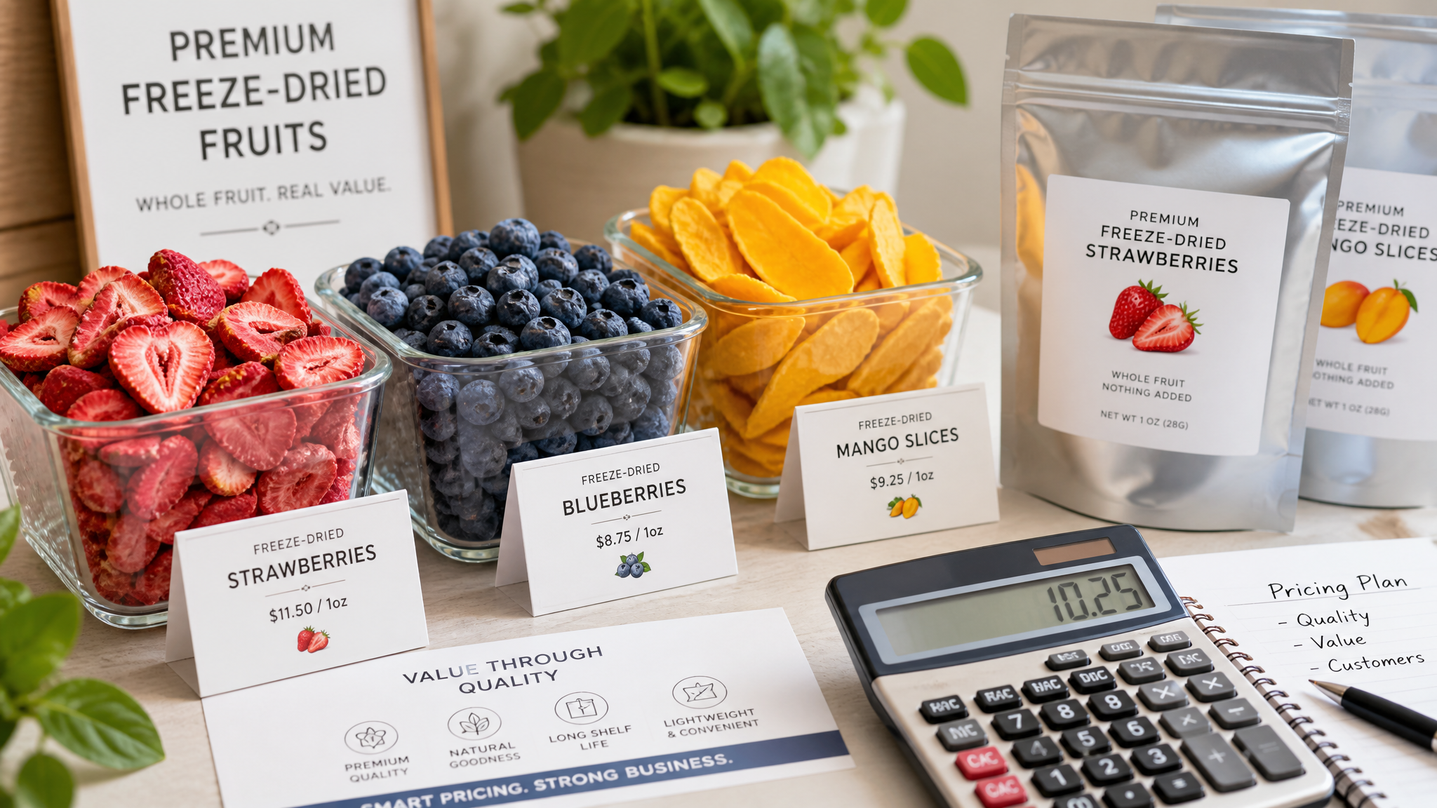 Freeze-dried fruit products with a calculator and price tags representing professional freeze drying costs