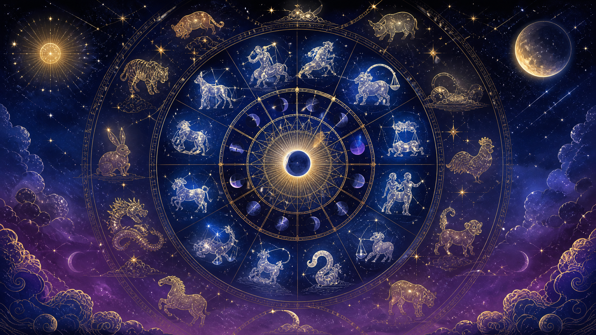 Celestial star chart blending Chinese and Western astrology zodiac motifs