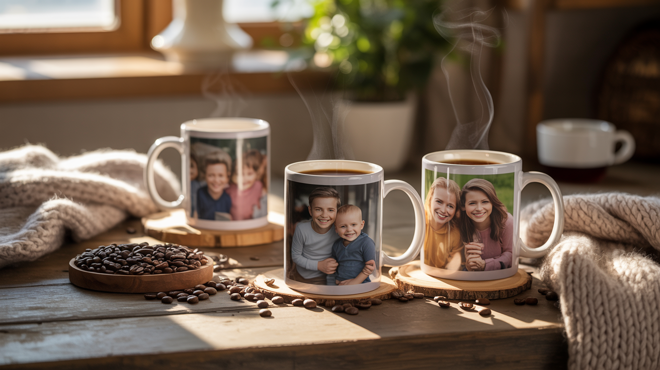 Custom photo mugs with warm morning lighting and cozy atmosphere