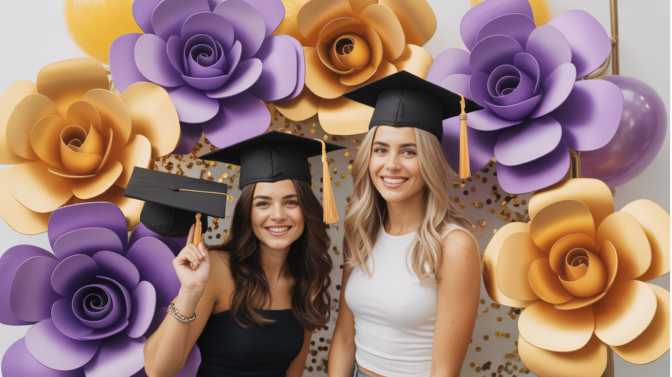 Graduation photo booth with giant purple and gold foam flowers and confetti