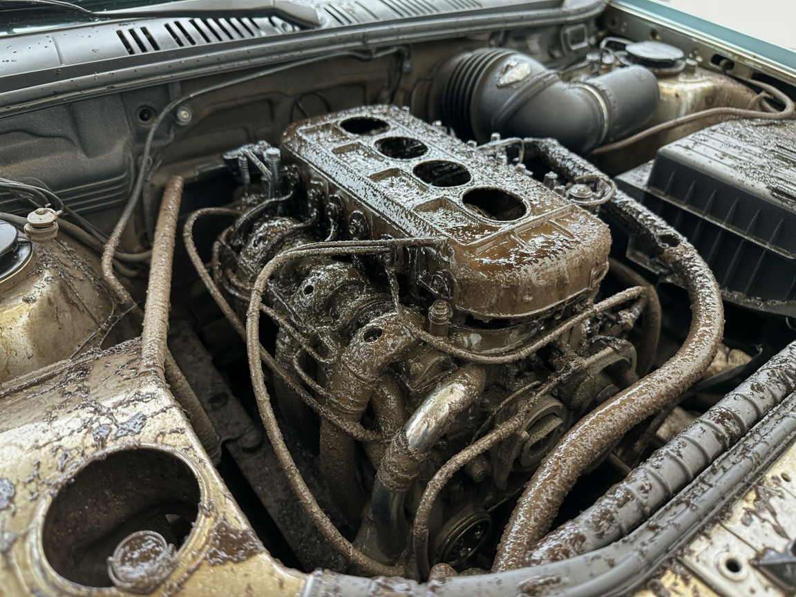 Engine bay carbon strip — before