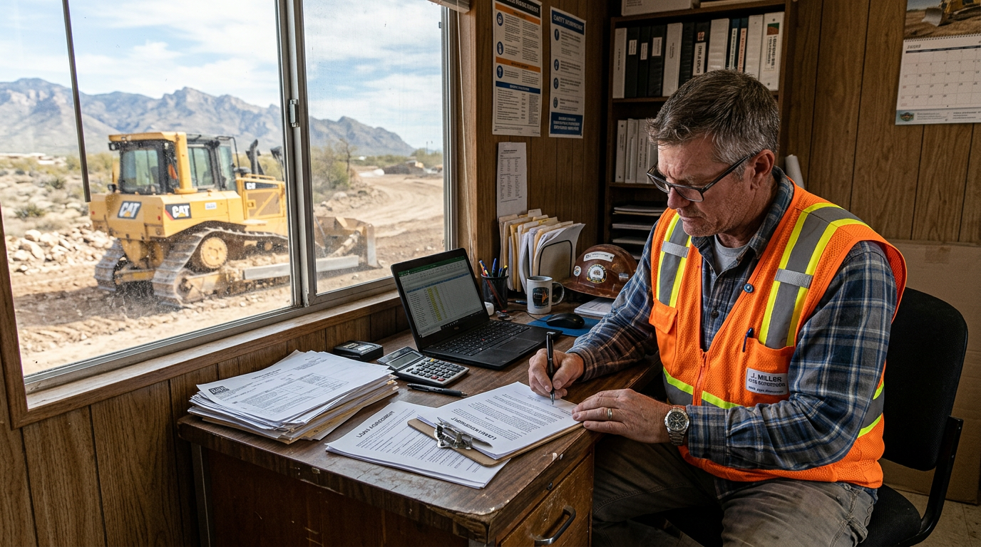 Contractor signing equipment financing documents with a bulldozer visible through the window